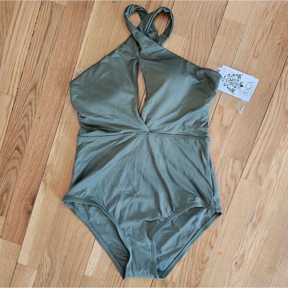 BECCA BY REBECCA VIRTUE Olive Green Women's High Neck One Piece Swimsuit - Picture 1 of 11